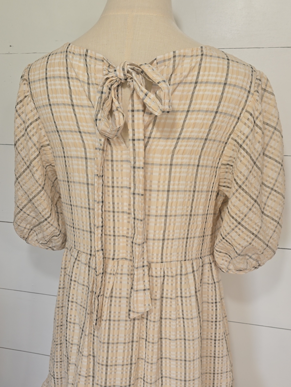 English Factory Plaid Tiered Puff-Sleeve Midi Dress Cream Tan Sz M - Picture 5 of 7